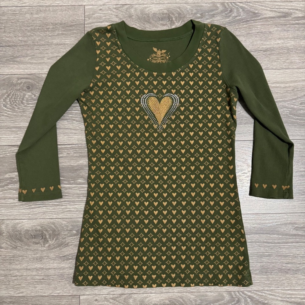 100% Cotton Y2K Whimsigoth Top XL Green Gold Heart Monogram Rhinestone‎ Ribbed